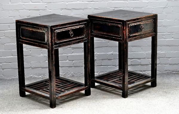 A pair of late 19th/ early 20th century Chinese black lacquer square single drawer side tables with slatted undertier, 53cm wide x 81cm high.