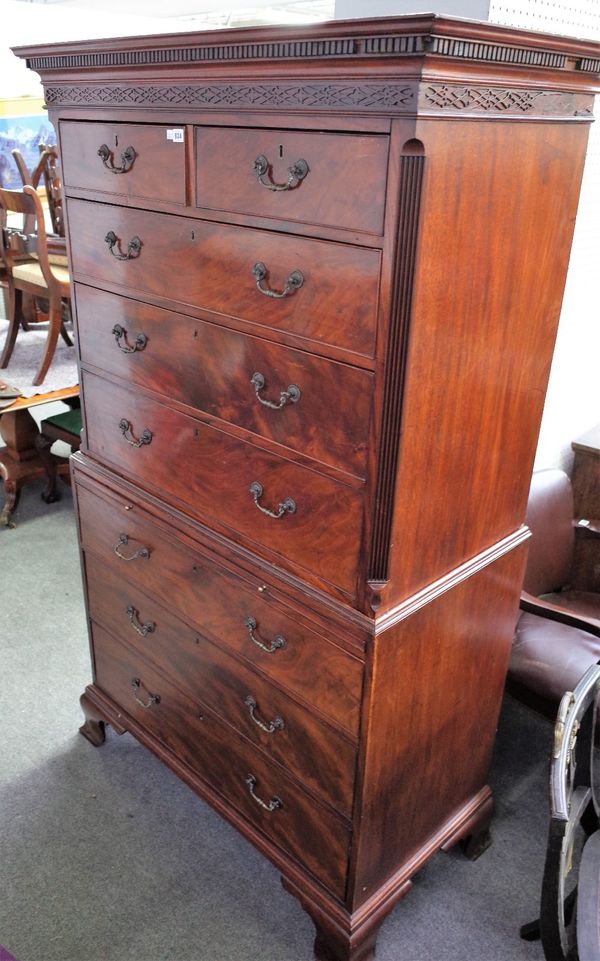 A George III mahogany chest on chest, with pair of short drawers over six long graduated drawers on ogee bracket feet, 114cm wide x 196cm high.