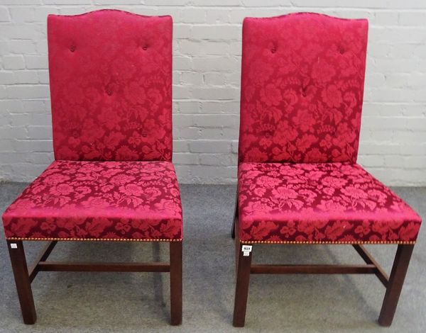 A pair of George II style hump back side chairs, on canted mahogany square supports, 58cm wide x 101cm high, (2).