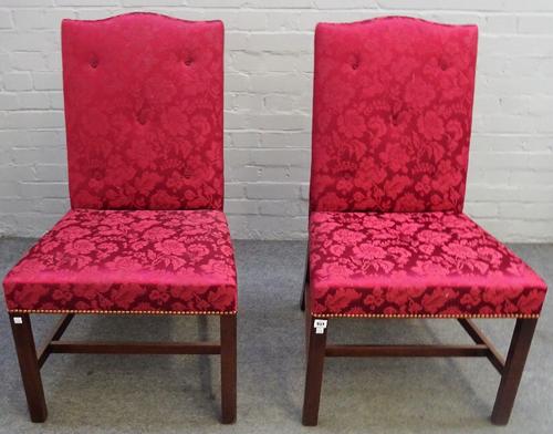 A pair of George II style hump back side chairs, on canted mahogany square supports, 58cm wide x 101cm high, (2).