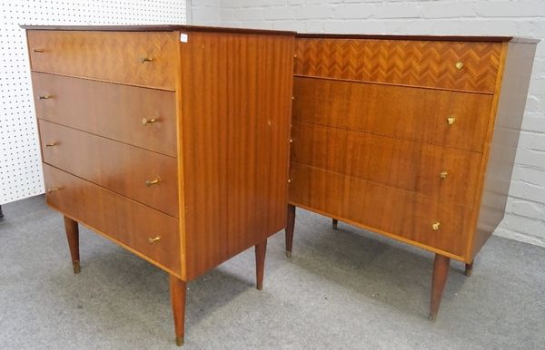 Uniflex Unit Furniture; a pair of 20th century walnut chests, each with four long drawers, the top with chevron inlay on turned tapering supports,...