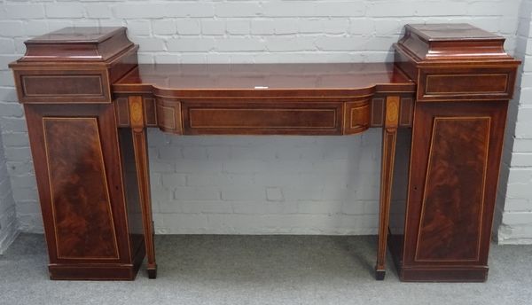 A George III inlaid mahogany sideboard, with central bow single drawer, flanked by pedestals, 204cm wide x 111cm high.