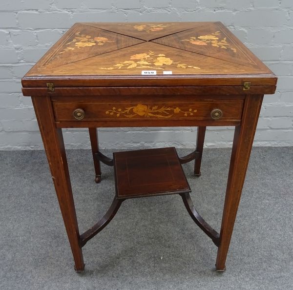 An Edwardian floral marquetry inlaid envelope card table, on tapering square supports, 55cm wide x 75cm high.