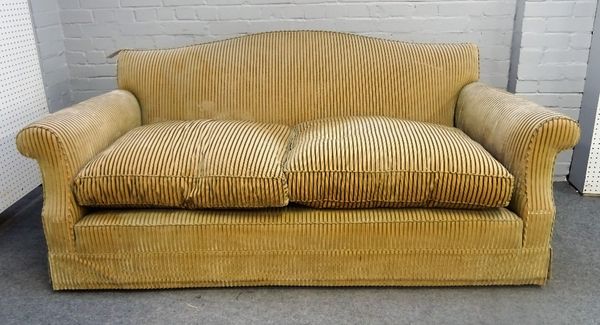 A hump back two seat sofa, in striped green/gold upholstery, 200cm wide x 85cm high.