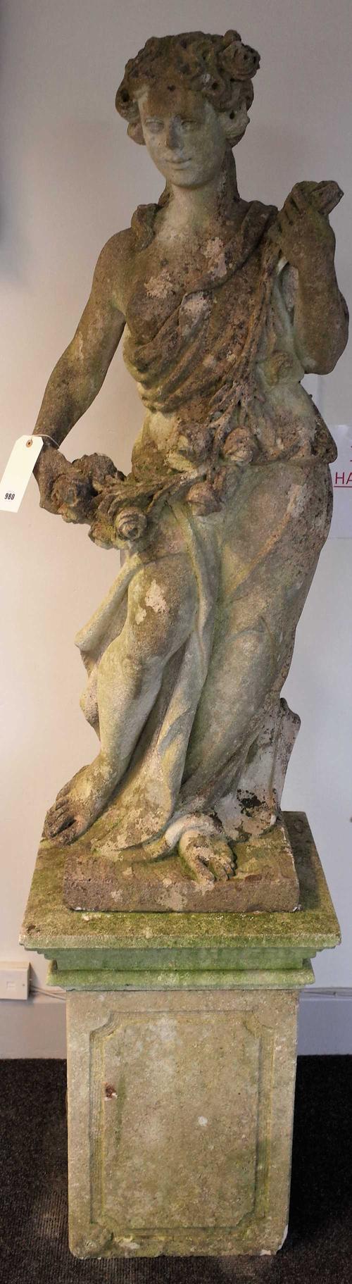 A set of four Vicenza stone figures of robed Ancient Greek women in various standing poses, on stepped square bases, one lacking part of plinth,...