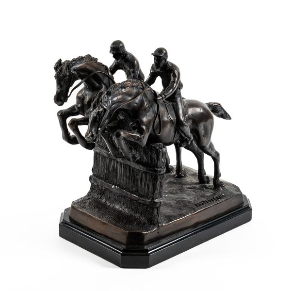 AFTER ISIDORE JULES BONHEUR (FRENCH, 1827-1901); A BRONZE EFFECT CAST METAL STEEPLECHASE FIGURE GROUP