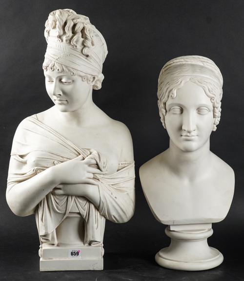 ANTHONY REDMILE: A WHITE COMPOSITE BUST OF MADAME DE RECAMIER AFTER JOSPEH CHINARD, TOGETHER WITH LUCREZIA D’ESTE AFTER ANTONIO CANOVA (2)