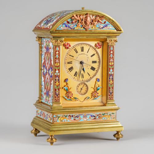 A FRENCH GILT BRASS AND CLOISONNÉ ENAMEL PETITE SONNERIE AND REPEATING MANTEL CLOCK FOR THE CHINESE MARKET