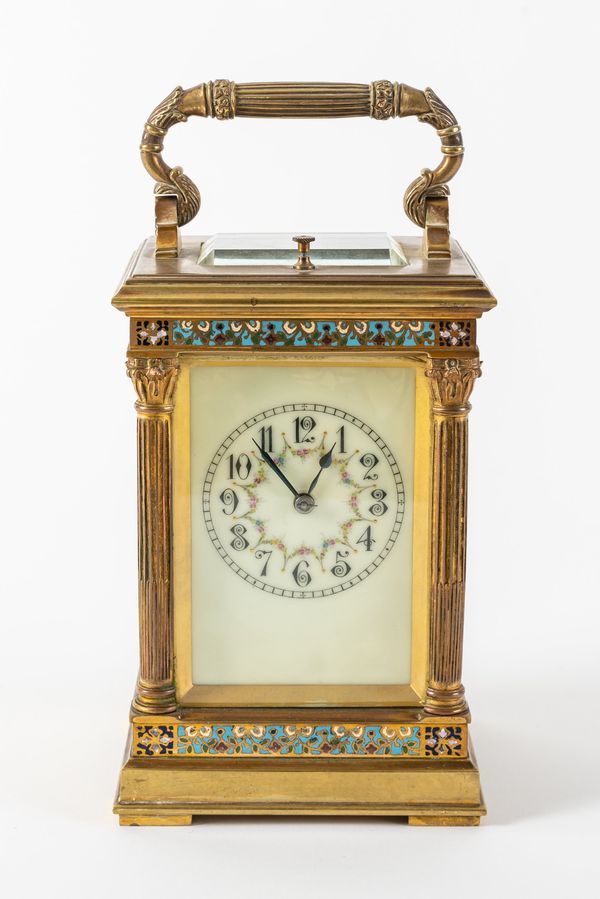 A FRENCH GILT BRASS AND CLOISONNE ENAMEL STRIKING AND REPEATING CARRIAGE CLOCK