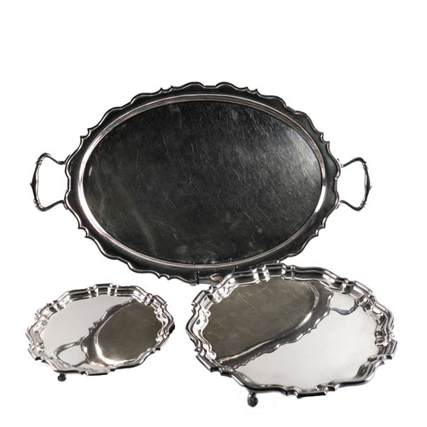 A PLATED TRAY AND TWO PLATED SALVERS (3)