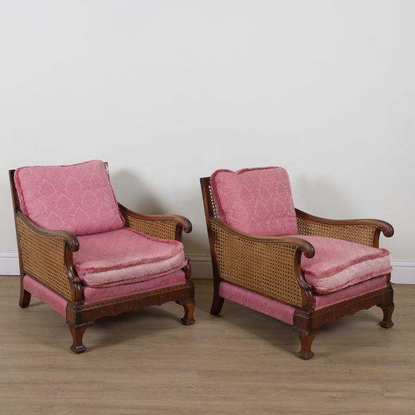 A MID 20TH CENTURY PARQUETRY INLAID MAHOGANY BERGERE THREE PIECE SUITE (3)