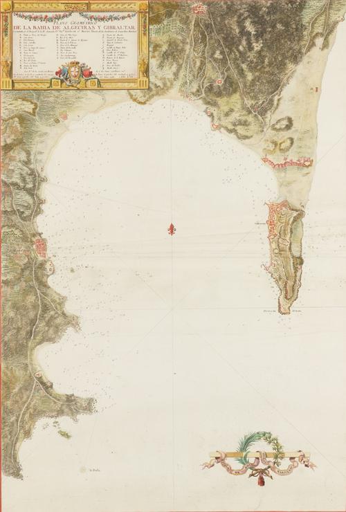 GIBRALTAR - Vicente TOFINO DE SAN MIGUEL (1732-95). Plano Geométrico de la Bahia de Algeciras y Gibraltar. [Madrid:] 1786. Large hand-coloured engraved chart, the title within an elaborate floral architectural cartouche, 780 x 540mm., framed and glazed.