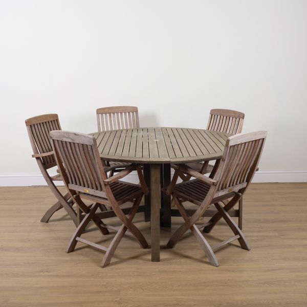 KEWDOS; A SLATTED HARDWOOD CIRCULAR DROP FLAP GARDEN TABLE (9)