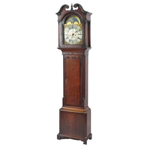 A GEORGE III OAK AND MAHOGANY CROSSBANDED LONGCASE CLOCK WITH MOONPHASE AND CALENDAR