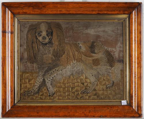 A VICTORIAN SILK WORK PORTRAIT OF A DOG, POSSIBLY A KING CHARLES SPANIEL