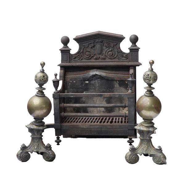 A LOUIS XIV STYLE BRASS MOUNTED IRON FIREGRATE (3)