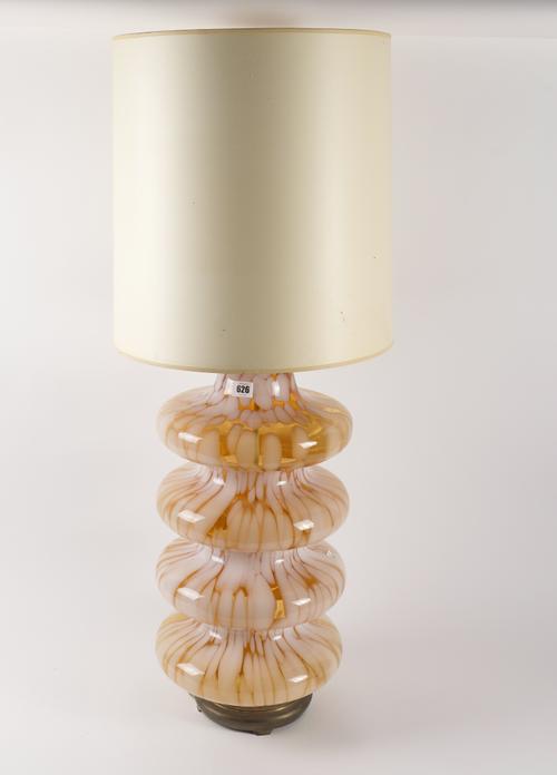 ATTRIBUTED TO CARLO NASON FOR MEZZEGA: A MURANO GLASS AMBER AND MILK GLASS TIERED TABLE LAMP