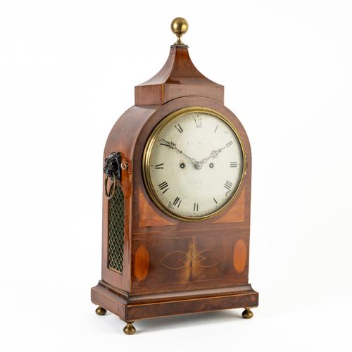 A LATE GEORGE III MAHOGANY, BOXWOOD-OUTLINED AND SATINWOOD-INLAID STRIKING BRACKET CLOCK