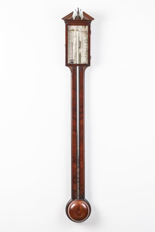 A GEORGE III MAHOGANY STICK BAROMETER AND A VICTORIAN ROSEWOOD STICK BAROMETER (2)