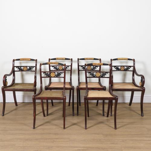 A SET OF SIX REGENCY STYLE FAUX ROSEWOOD PAINTED PARCEL GILT BAR BACK DINING CHAIRS (6)