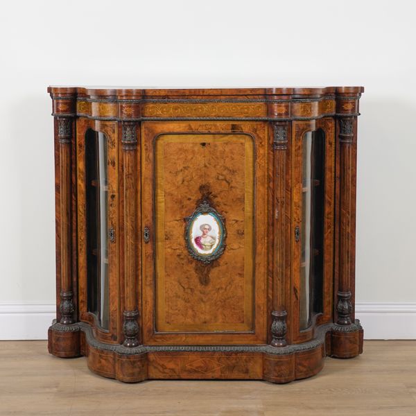 A VICTORIAN WALNUT GILT METAL MOUNTED CREDENZA