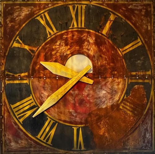 A FRENCH GILT AND PAINTED SHEET IRON CLOCK FACE OR DIAL