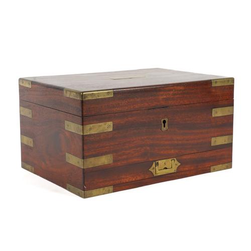 A REGENCY STYLE CAMPAIGN BRASS MOUNTED MAHOGANY TRAVEL DRESSING TABLE BOX