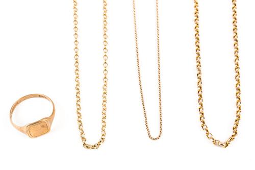 THREE GOLD NECKCHAINS AND A 9CT GOLD SIGNET RING (4)
