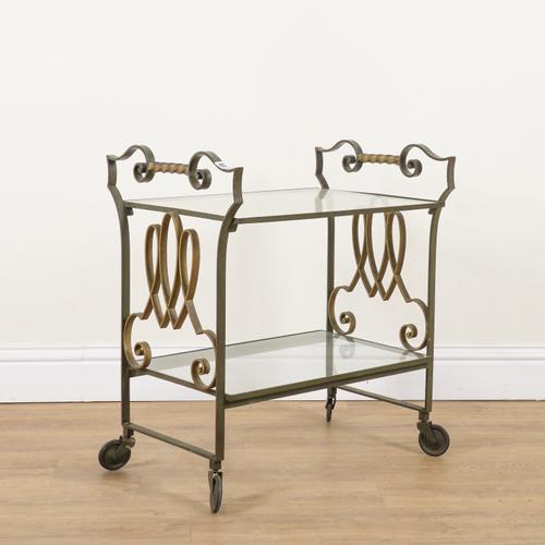 A WROUGHT IRON AND GLASS TWO TIER SERVING TROLLEY