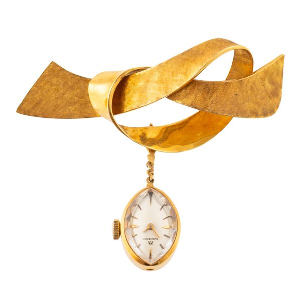 A BUCHERER 18CT GOLD BROOCH WATCH