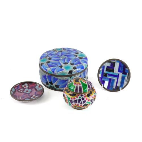 CAMILLE FAURE (1874-1956), LIMOGES: A FRENCH ART DECO BLUE ENAMEL COMFORT BOX TOGETHER WITH TWO SMALL DISHES AND POLYCHROME BALUSTER POT WITH COVER (4)