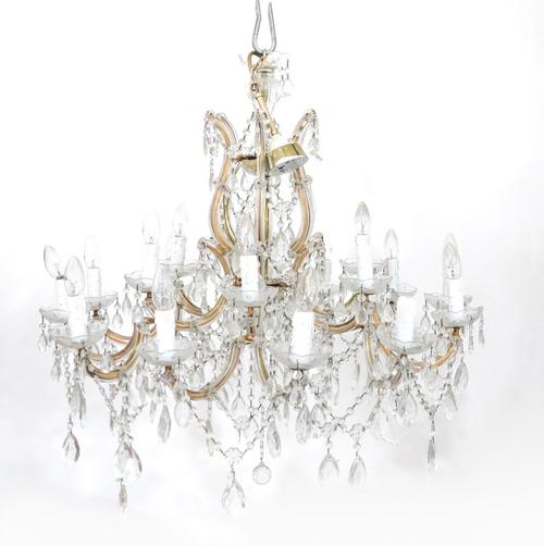 A LOUIS XV STYLE GLASS MOUNTED BRASS TWELVE BRANCH CHANDELIER
