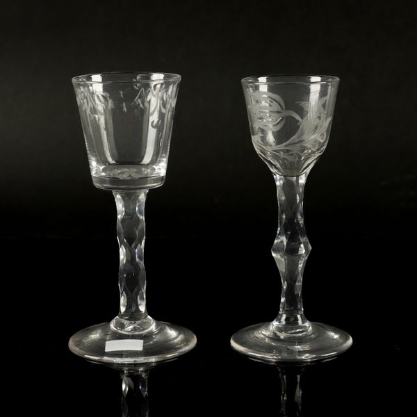 TWO ENGRAVED  FACET-STEMMED WINE GLASSES (2)