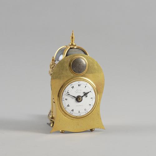 A GEORGE III TURKISH MARKET MINIATURE GILT BRASS STRIKING LANTERN CLOCK