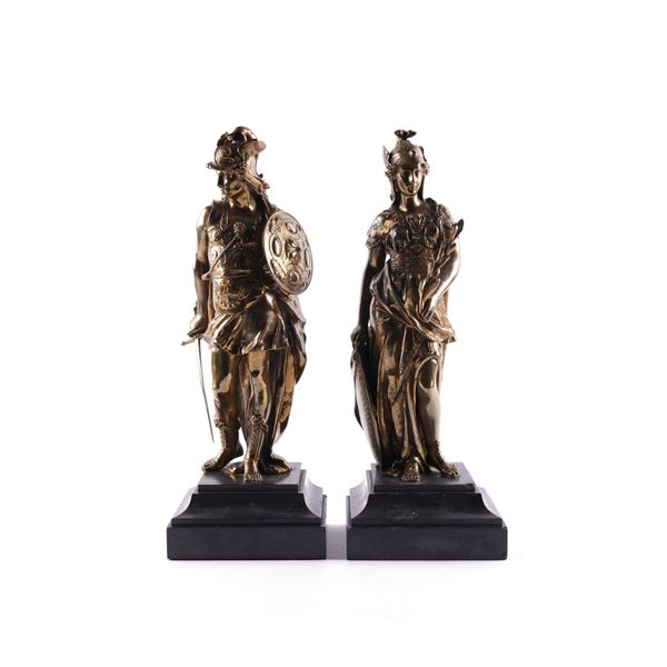 AFTER ANTOINE AUGUSTIN PRÉAULT (FRENCH, 1810–1879). A PAIR OF BRONZE FIGURES DEPICTING THE GOD 'MARS' AND GODDESS 'PAX' (2)