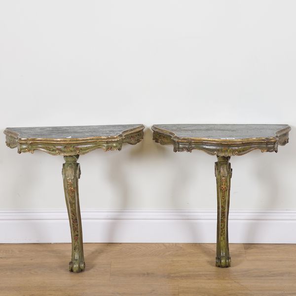 A NEAR PAIR OF GREEN POLYCHROME DECORATED ITALIAN CONSOLE TABLES (2)
