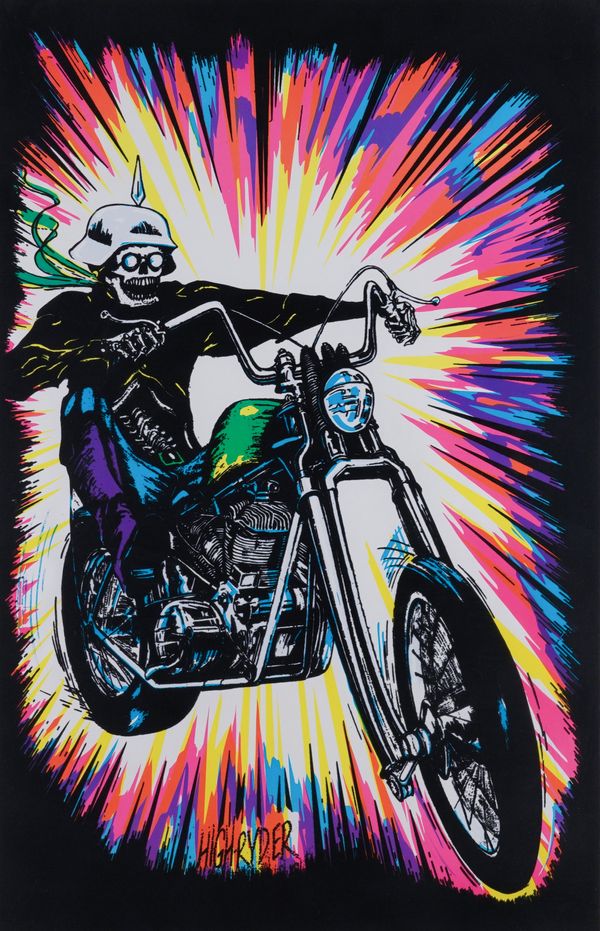 FOUR AMERICAN BLACKLIGHT PSYCHEDELIC POSTERS INCLUDING 'HIGH RYDER', 'ROCK N ROLL', 'SKULL RYDER' AND 'HEAVY METAL GUITARIST' (4)