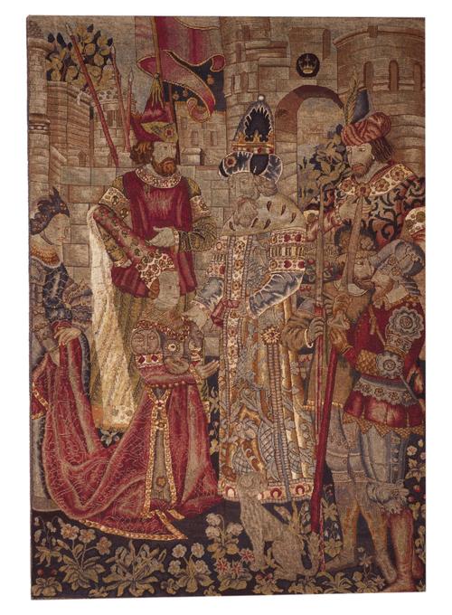 A TAPESTRY DEPICTING A MEDIEVAL STYLE CORONANTION OR ROYAL ANOINTING