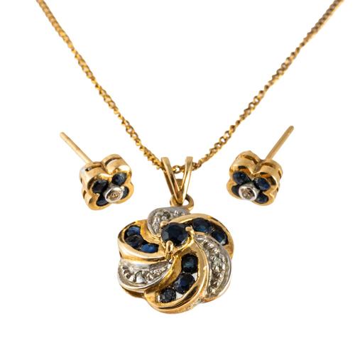 A 9CT GOLD, SAPPHIRE AND DIAMOND PENDANT WITH A GOLD NECKCHAIN AND A PAIR OF EARSTUDS (4)