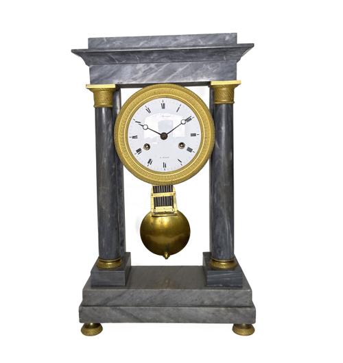 A FRENCH EMPIRE STYLE GILT-METAL MOUNTED BLEU TURQUIN MARBLE PORTICO MANTEL CLOCK