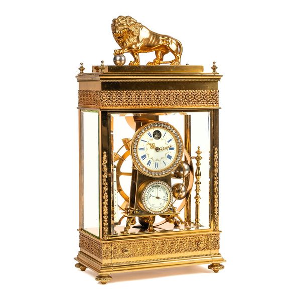 A RARE AND UNUSUAL PASTE-SET GILT-BRASS ‘FERRIS-WHEEL’ CONSTANT FORCE FALLING BALL MANTEL TIMEPIECE WITH ANEROID BAROMETER AND THERMOMETER