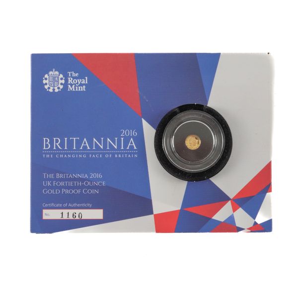 A GOLD PROOF UK ONE FORTIETH OF AN OUNCE BRITANNIA 2016 GOLD COIN