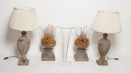 A PAIR OF FAUX STONE BALUSTER TABLE LAMPS AND A PAIR OF GLASS HURRICANE LAMPS (5)