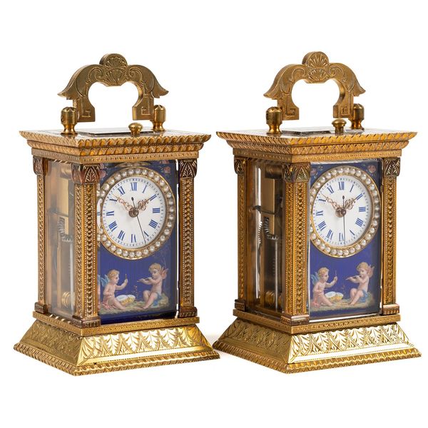 A FINE AND RARE PAIR OF SWISS ENAMEL, SEED-PEARL, SILVERED AND GILT-BRASS MINIATURE STRIKING AND REPEATING CARRIAGE CLOCKS AND CASES