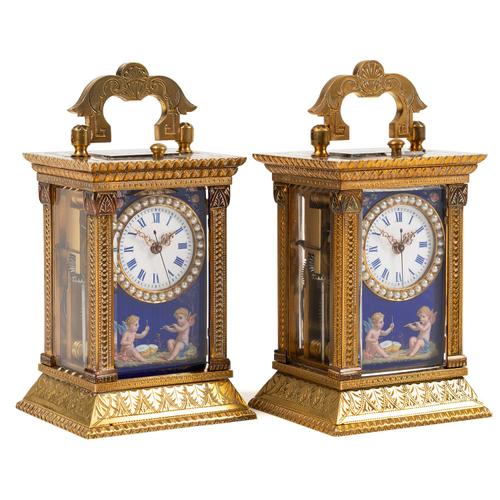 A FINE AND RARE PAIR OF SWISS ENAMEL, SEED-PEARL, SILVERED AND GILT-BRASS MINIATURE STRIKING AND REPEATING CARRIAGE CLOCKS AND CASES