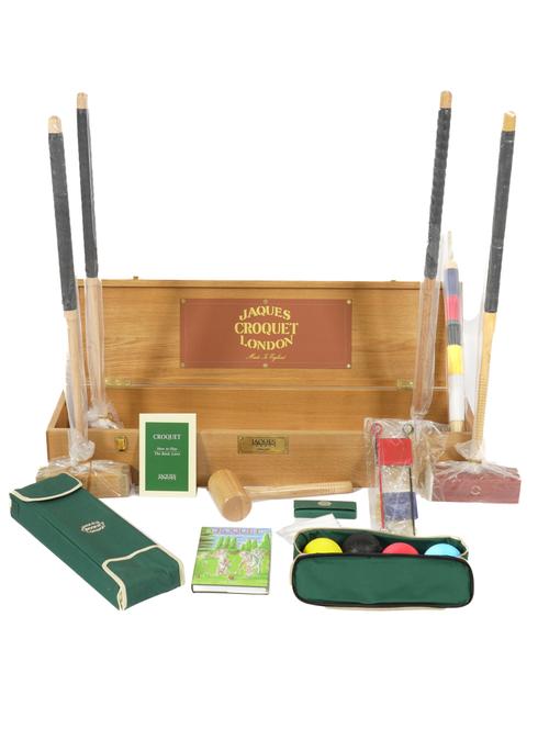 JAQUES OF LONDON: A BESPOKE FOUR PLAYER TOURNAMENT CROQUET SET IN OAK BOX