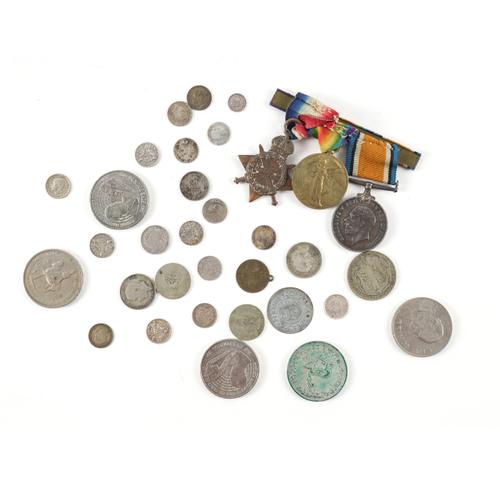 THREE FIRST WORLD WAR MEDALS AND A GROUP OF BRITISH AND FOREIGN COINS (QTY)