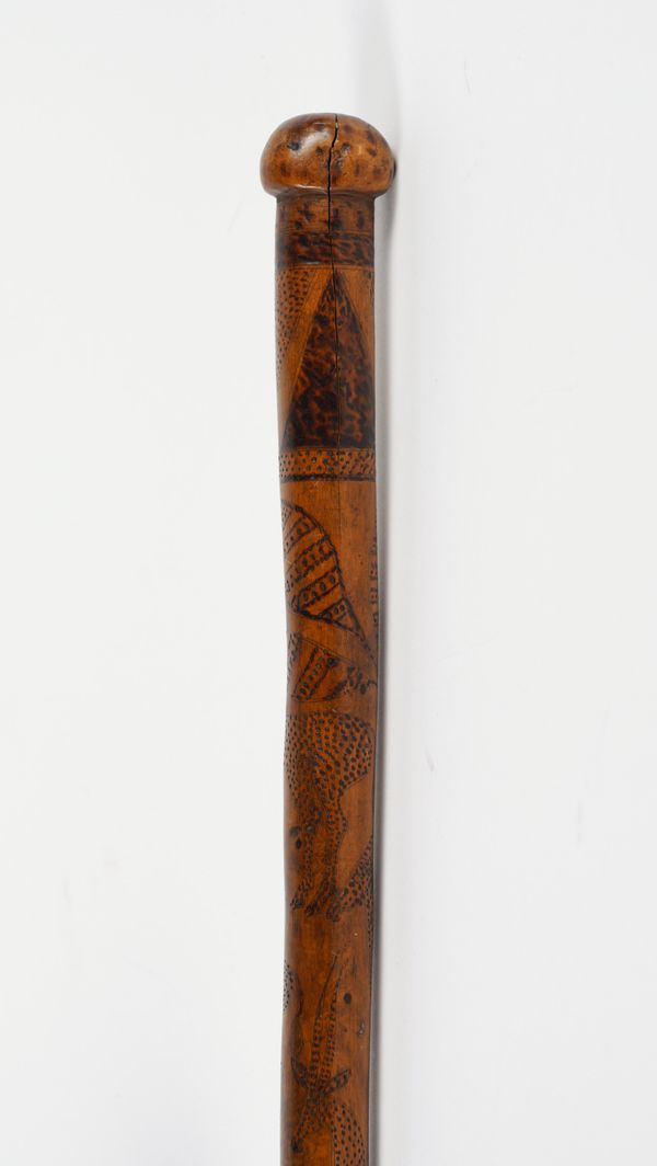 A FOLK ART PYROGRAPHY DECORATED WALKING CANE