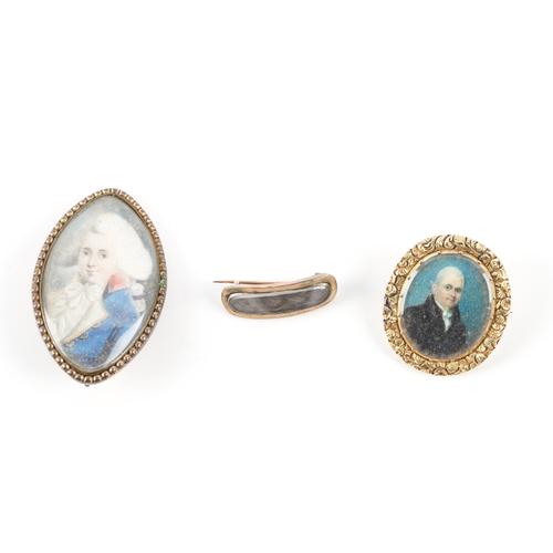 TWO PORTRAIT MINIATURE BROOCHES AND A MOURNING BROOCH (3)
