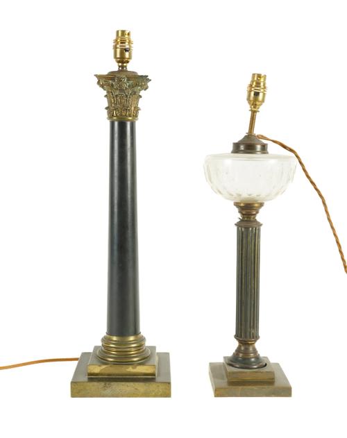 A VICTORIAN GILT AND PATINATED BRONZE CORINTHIAN COLUMN TABLE LAMP (2)